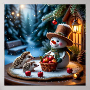 Cozy Winter Scene With Snowman, Hedgehogs Poster