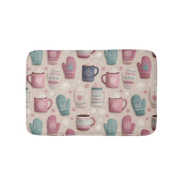Cozy Winter Seamless Pattern with Knitted Mittens  Bath Mat (Front)