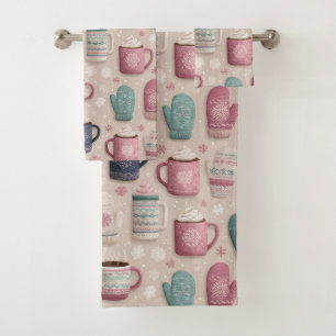 Cozy Winter Seamless Pattern with Knitted Mittens Bath Towel Set