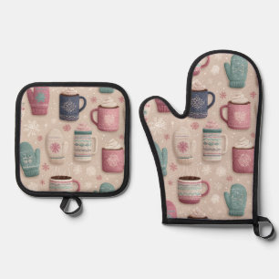 Cozy Winter Seamless Pattern with Knitted Mittens Oven Mitt & Pot Holder Set