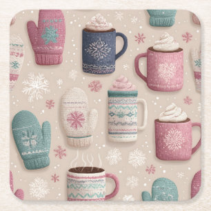 Cozy Winter Seamless Pattern with Knitted Mittens Square Paper Coaster
