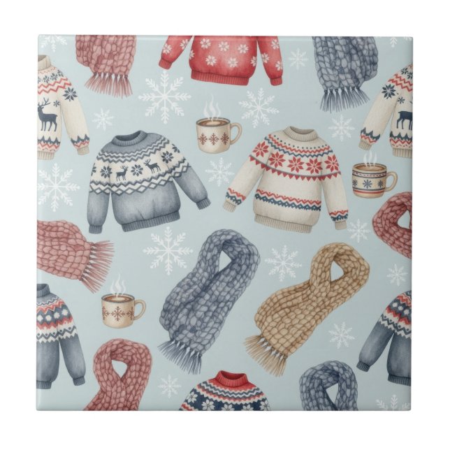 Cozy Winter Sweaters and Scarves – Watercolor Tile (Front)