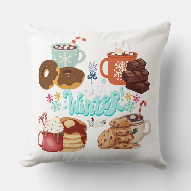 Cozy Winter Treats and Drinks Illustration Cushion (Front)