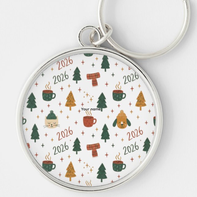 Cozy Winter Vibes 2026 - Cute Puppy and Kitten Chr Key Ring (Front)