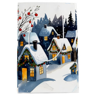 Cozy Winter Village Watercolor Christmas Gift Bag