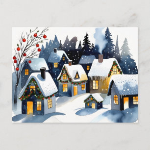 Cozy Winter Village Watercolor Christmas Postcard