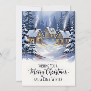 Cozy Winter Village Watercolor Christmas Thank You Card