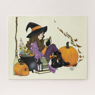 Cozy Witch Vibes Halloween Pumpkins Purple Jigsaw Puzzle