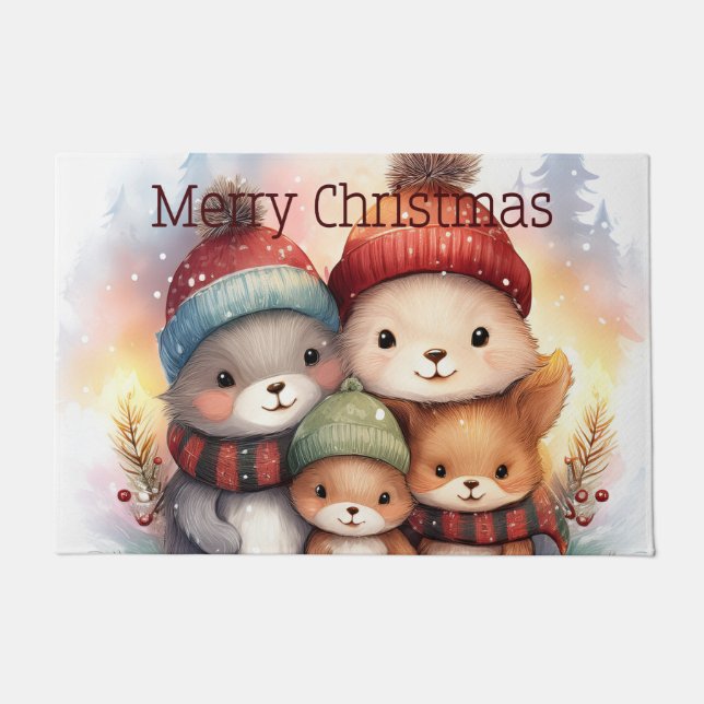 Cozy Woodland Animal Family Merry Christmas Doormat (Front)