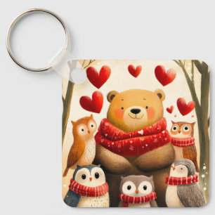 Cozy Woodland Bear Owl Family Winter Love Key Ring