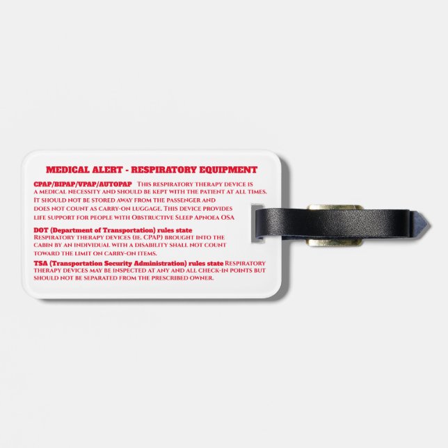 CPAP medical condition carry on travel Luggage Tag (Back Horizontal)