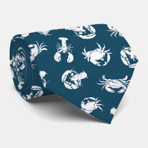 Crab and Lobster Blue White Seafood Patterned Tie