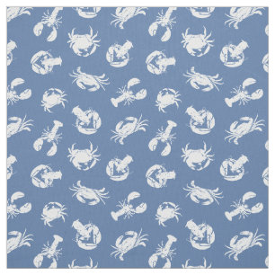 Crab and Lobster Dusty Blue White Seafood Pattern Fabric