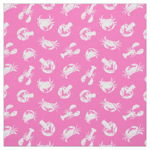 Crab and Lobster White Seafood Pattern on Hot Pink Fabric