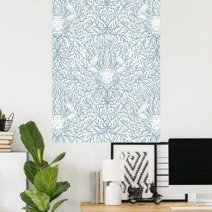 Crab and sea weed, coastal summer in white and lig poster