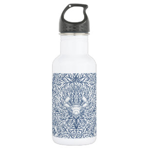 Crab and sea weed, coastal summer in white and nav 532 ml water bottle