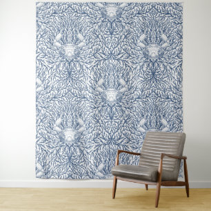Crab and sea weed, coastal summer in white and nav tapestry
