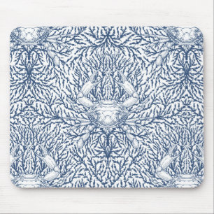 Crab and sea weed in white and navy mouse mat