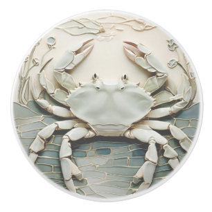 Crab Art Nouveau Faux Relief White & Mint Pastel Ceramic Knob