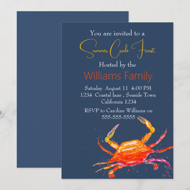 Crab Beach Coastal Nautical Seafood Boil Invitation (Front/Back)