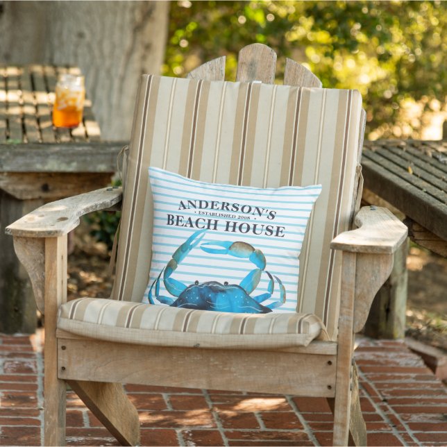 Crab Beach House Stripe Outdoor Pillow (Chair)