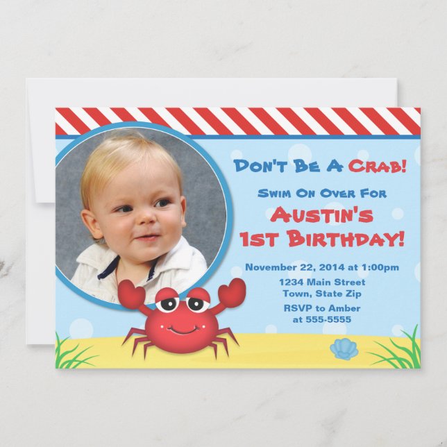 Crab Birthday Invitation Nautical 1st Birthday (Front)