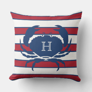 Crab Blue Navy Red White Nautical Modern Stripes  Cushion