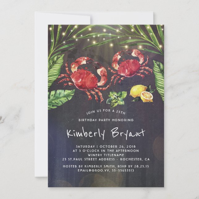 Crab Boil Beach Palm String Lights Birthday Party Invitation (Front)