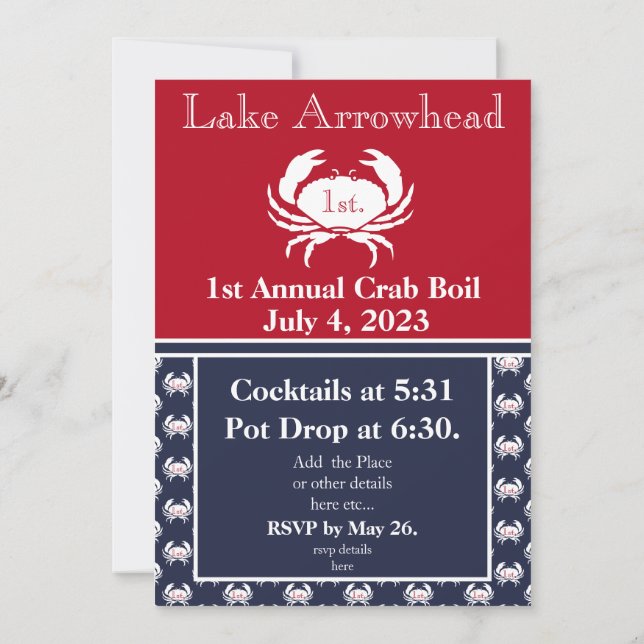 Crab Boil Invitation Red White Navy Blue coastal (Back)