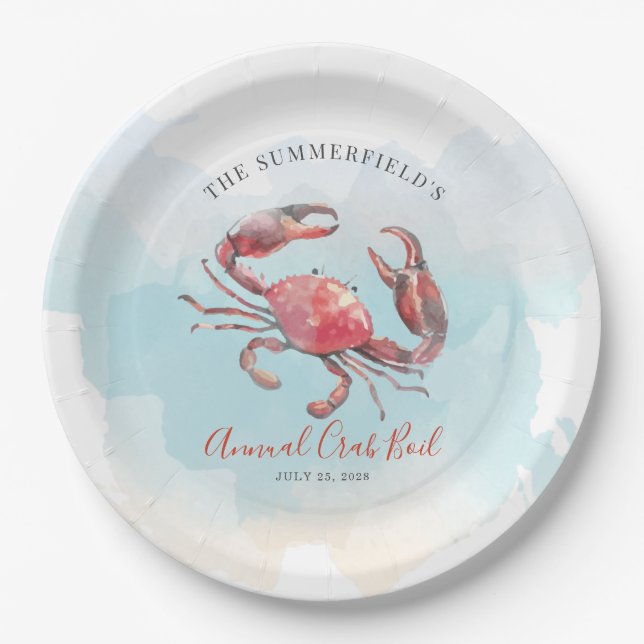 Crab Boil Seafood Family Summer Party Watercolor Paper Plate (Front)