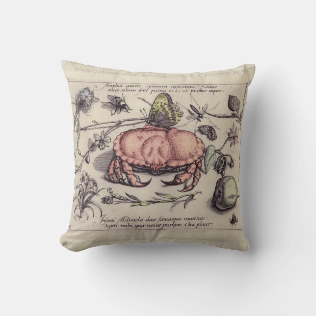 Crab Botanical Insect Flower Illustration Cushion (Front)