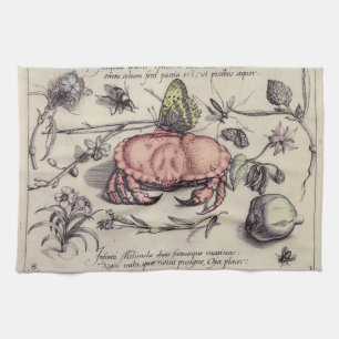 Crab Botanical Insect Flower Illustration Tea Towel