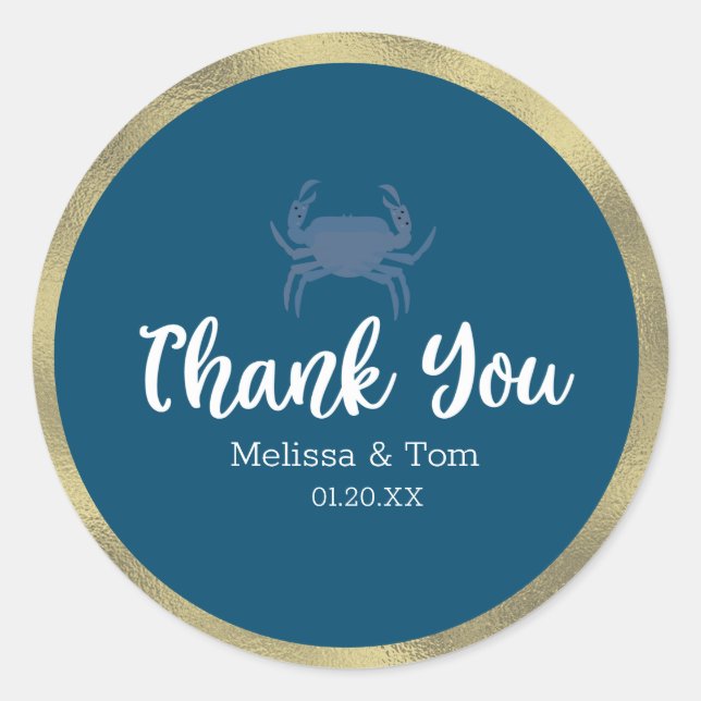 Crab Broil Boil Blue Faux Foil Wedding Thank You Classic Round Sticker (Front)