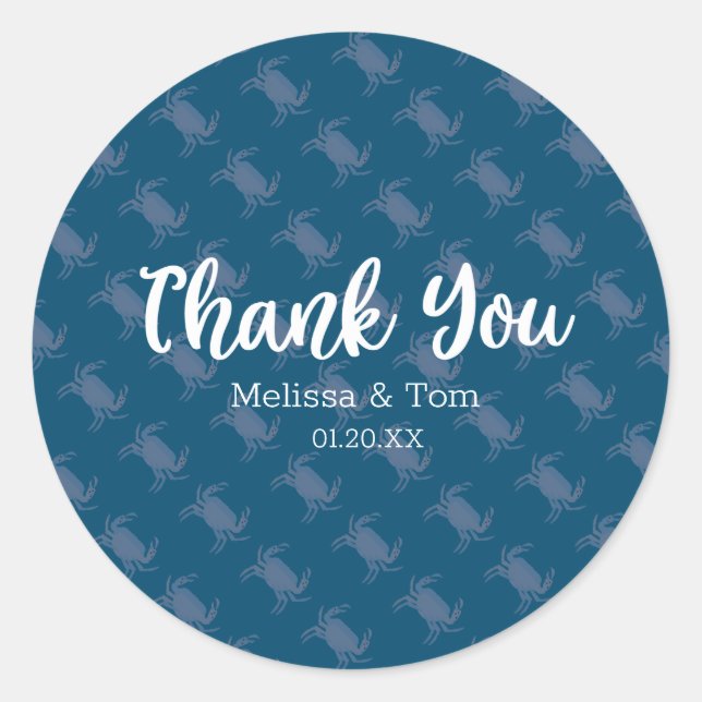 Crab Broil Boil Red Blue Pattern Wedding Thank You Classic Round Sticker (Front)