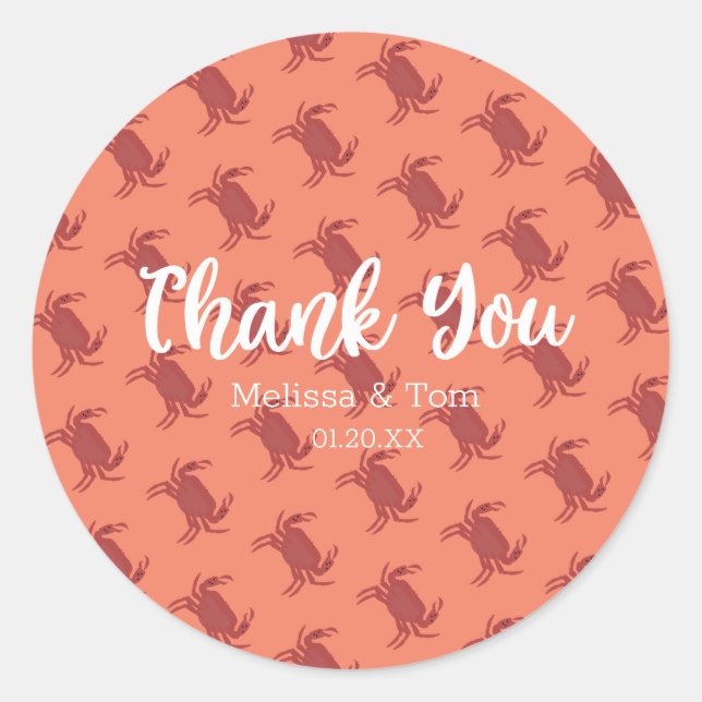 Crab Broil Boil Red Blue Pattern Wedding Thank You Classic Round Sticker (Front)