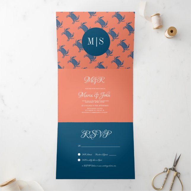 Crab Broil Boil Seafood Beach Nautical Wedding Tri-Fold Invitation (Inside)