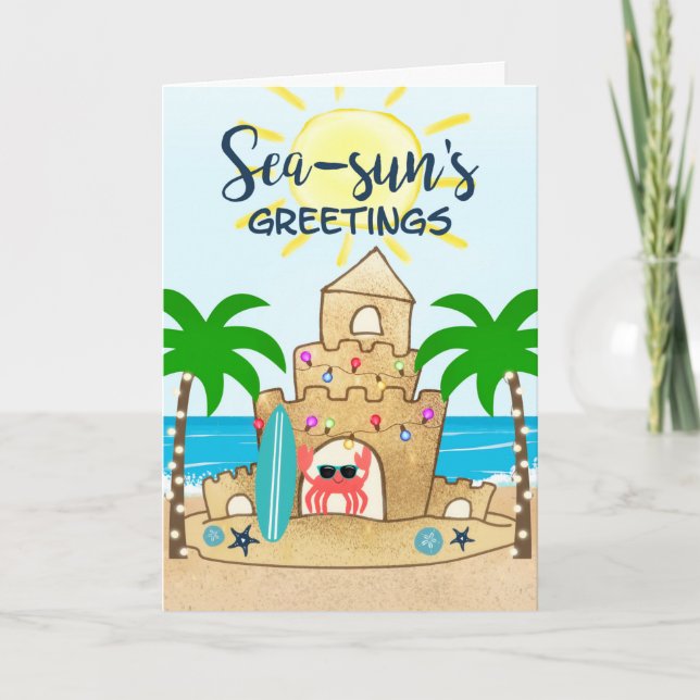 Crab Castle | Tropical Beach Palm Tree Christmas Holiday Card (Front)