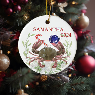 Crab Christmas Personalised Watercolor Crustacean Ceramic Tree Decoration