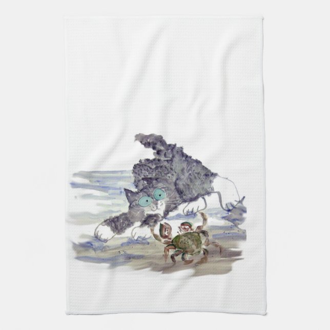 Crab Dancing - Kitten and Crab Tango Tea Towel (Vertical)