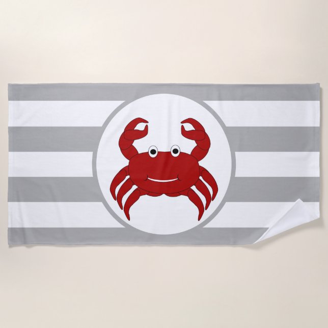 Crab Design Grey Striped Beach Towel (Front)
