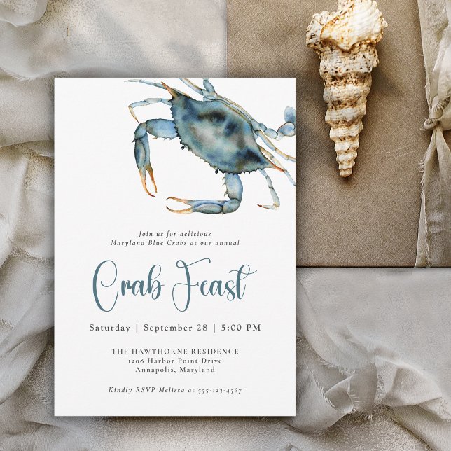 Crab Feast Watercolor Blue Crab Invitation (Available as both printed and paperless digital download!)