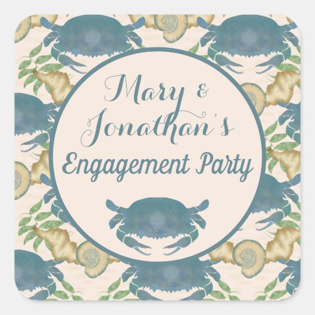 Crab Feast-Watercolor Blue Crabs, Engagement  Square Sticker (Front)