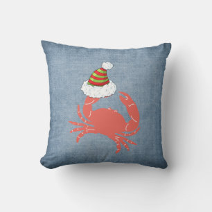 Crab holding Santa Hat Christmas Pillow