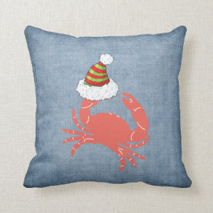 Crab holding Santa Hat Christmas Pillow