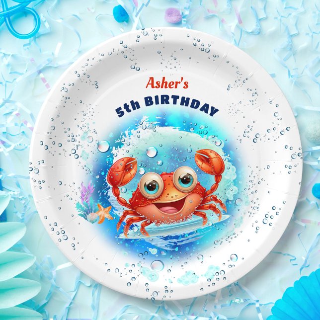 Crab Kids Birthday Pool Party Boy Summer Paper Plate (Crab Pool Kids 1st Birthday Party Boy Custom Age Paper Plates)