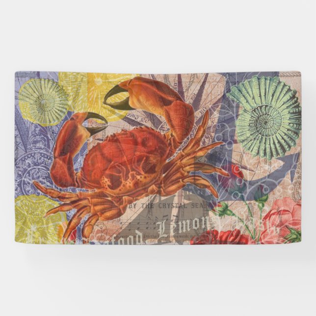 Crab Nautical Beach Seafood Art Banner (Horizontal)