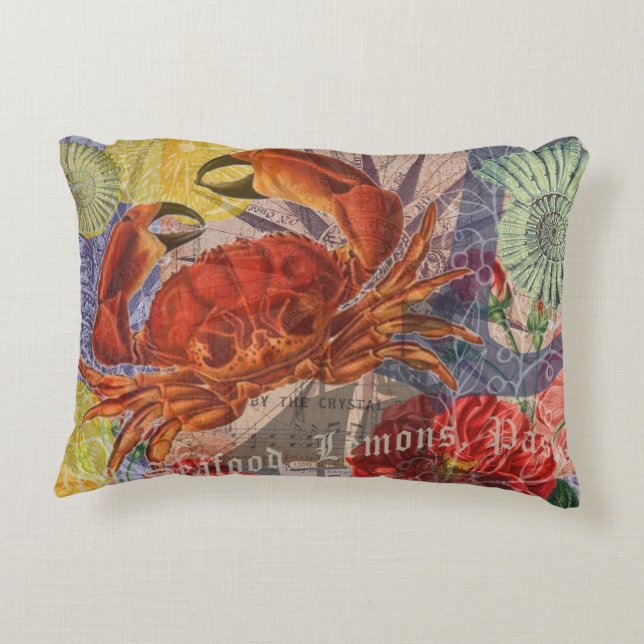 Crab Nautical Beach Seafood Art Decorative Cushion (Back)