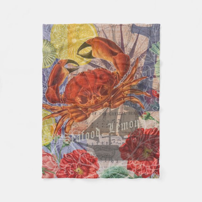 Crab Nautical Beach Seafood Art Fleece Blanket (Front)
