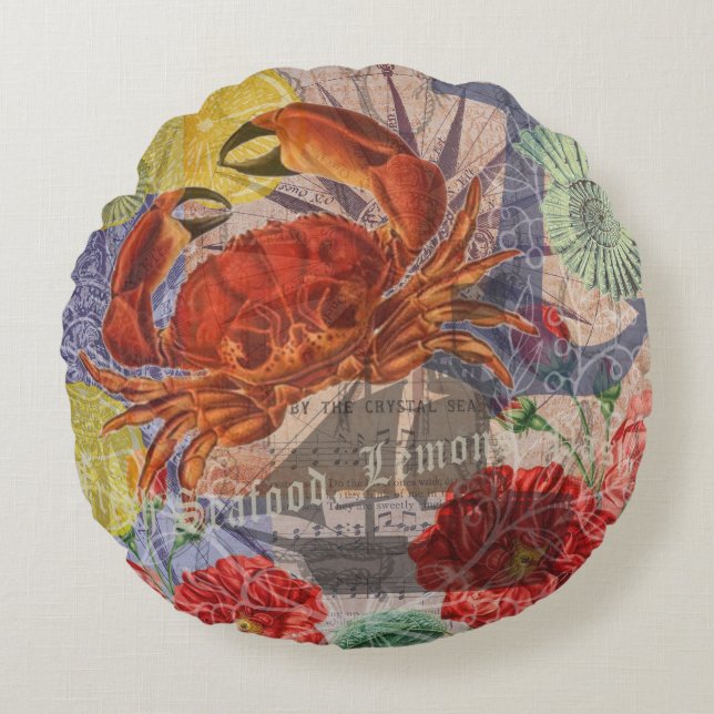 Crab Nautical Beach Seafood Art Round Cushion (Front)