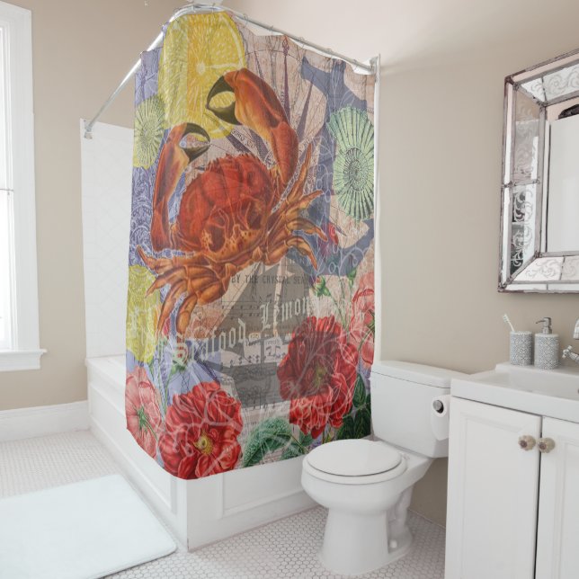 Crab Nautical Beach Seafood Art Shower Curtain (In Situ)